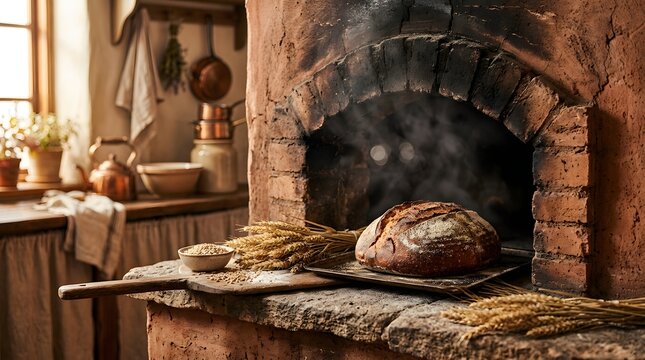 Freshly baked artisan bread in a rustic clay oven with steam and wheat stalks