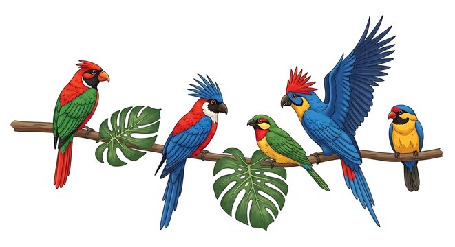 Colorful tropical birds on a branch illustration