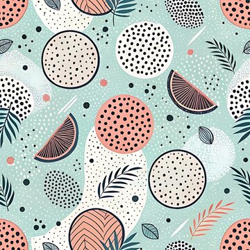 Abstract seamless pattern composed of tropical palm fronds, citrus slices, and speckled polka dot circles floating over a soft mint green textured background.