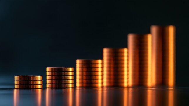 Small amber coins stack up in a dark space, representing financial growth and access to entrepreneurship in developing regions.