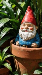 Obraz premium Garden gnome with red hat and blue coat sits in terracotta pot. Lush green plants surround ceramic figure. Decorative fantasy character peeks from foliage in outdoor setting.