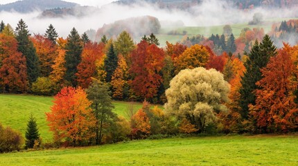 Fototapeta premium Autumn forest and meadows landscape with misty mountain backdrop
