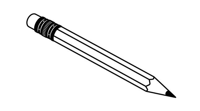 A simple black and white line art illustration of a pencil with an eraser.