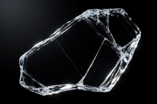 Sharp glass fragments float in dark space. Shattered window shards, broken crystal pieces create abstract shape. Transparent debris with bright reflections on black background. Macro view of fragile