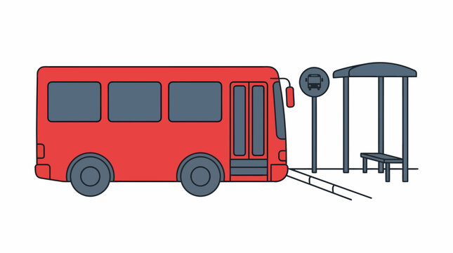 A red bus is parked at a bus stop with a shelter and ramp