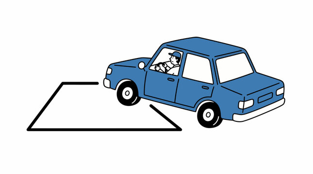 A blue car attempting to park inside a parking space. The driver is visible behind the wheel, focused on the maneuver
