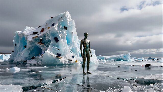 Iceberg holds tech relics; lone figure stands amidst melting, cloudy wasteland.