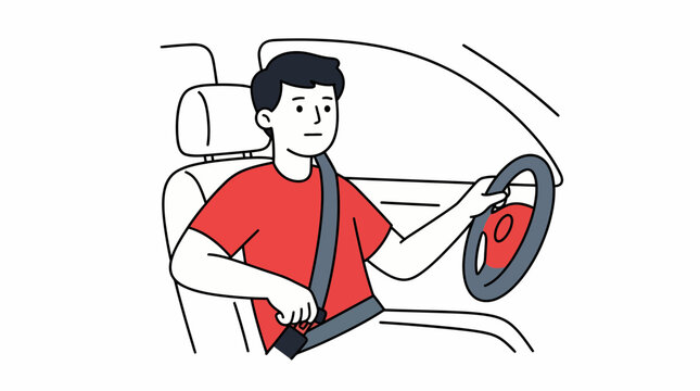 A man in a red shirt driving a car with his seatbelt fastened. He is holding the steering wheel with his right hand and his left hand is on the seatbelt