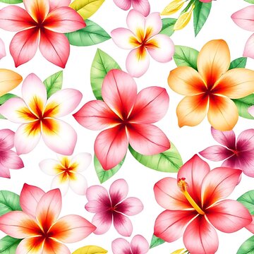 Vibrant tropical seamless pattern showcasing brightly colored plumeria and hibiscus flowers surrounded by fresh green leaves over a clean white background.
