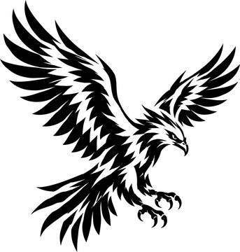 Flying eagle predator silhouette vector illustration. Majestic hawk with spreading wings tattoo design.