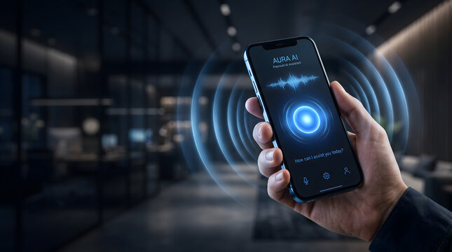 Hand Holding a Smartphone Running an AI Voice Assistant Interface