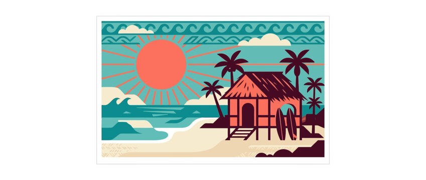 Tropical Beach Hut Sunset Vector Illustration