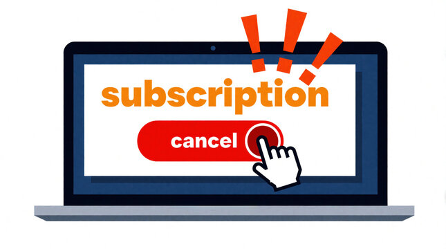 Person clicks red cancel button on laptop screen to end online subscription. User stops recurring membership service through digital interface. Close up of hand cursor pressing button to quit paid