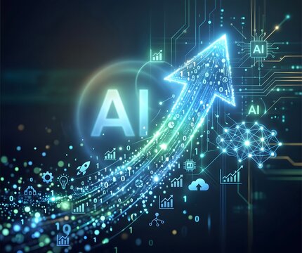 AI Driven Business Growth Banner With Glowing Arrow and Circuit Graphics
