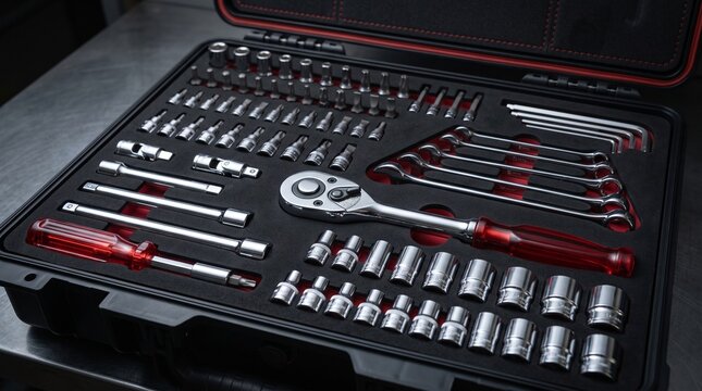 Professional Mechanical Socket Wrench and Tool Set in Open Carrying Case