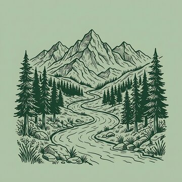 Handdrawn illustration of majestic mountain range with pine forest and winding river