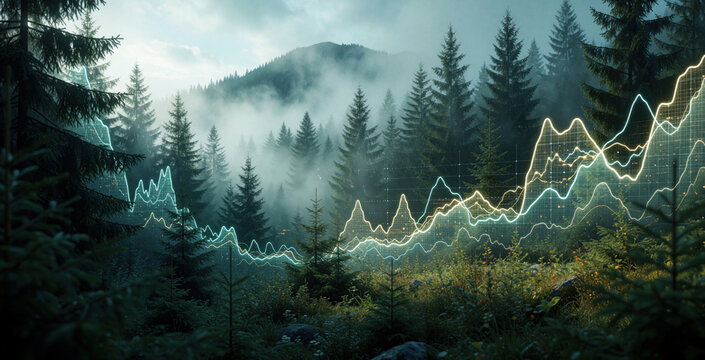 Digital forest landscape with glowing data graphs overlay. Abstract financial charts, environmental statistics float over misty pine trees, mountains. Green ecosystem analysis visualization shows