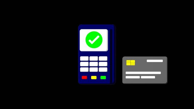 NFC card scan payment animation on reader terminal, cashless credit card transaction overlay for checkout and shop video