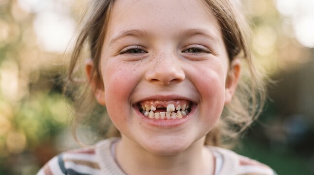 A little girl's smiling face&mdash;missing front teeth, rosy cheeks. A genuine expression, a moment of childhood happiness.