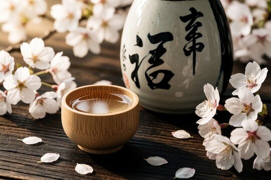 Traditional Japanese sake bottle, wooden cup on dark timber table. Pink cherry blossom sakura flowers surround alcohol drink. Spring hanami celebration scene with rice wine in garden. Aesthetic still