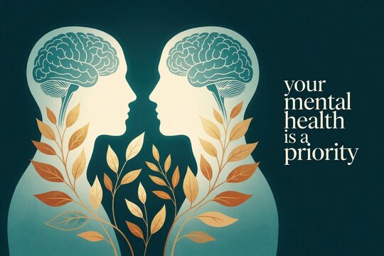 Conceptual illustration shows two human profile silhouettes facing. Golden leaves grow inside heads, connect minds. Text says mental health priority. Psychology, brain wellness, mindfulness,