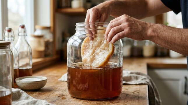 Person holding kombucha scoby culture above glass jar on kitchen counter