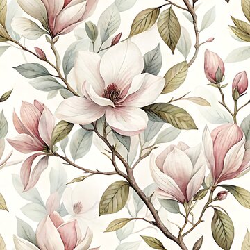 Delicate watercolor seamless pattern depicting soft pink magnolia blossoms on wooden branches with muted green leaves over a light cream background.