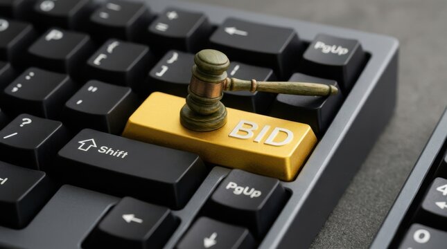 Gold bid key on black mechanical computer keyboard with small green judge gavel on top representing web auction.