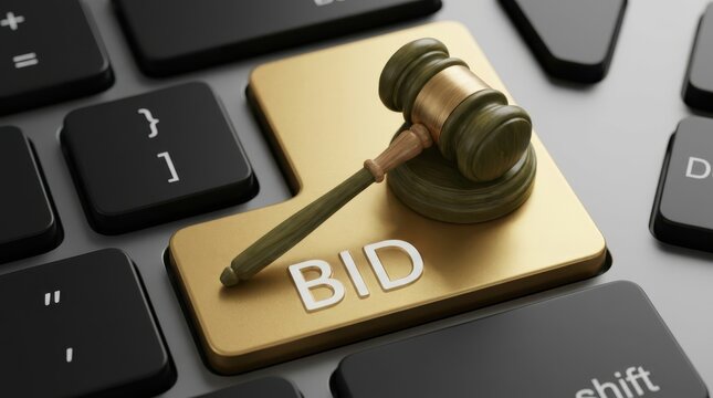 Golden enter key with word bid and wooden judge gavel on top on dark computer keyboard for digital court concept.