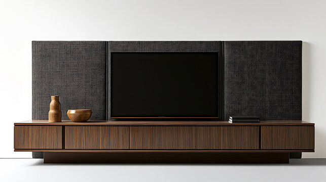 Modern Interior Living Room & TV Wall Design Images for Adobe Stock: High-Resolution Smart TV, Wooden Cabinet, Minimalist Home Entertainment, Dark Wall and Cozy Luxury Decor