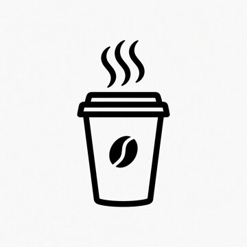 Minimalist black outline icon of hot coffee take away cup. Steam rises from paper drink container with coffee bean symbol. Simple graphic design for cafe logo, mobile app, menu beverage branding.