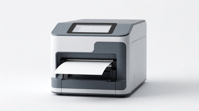 Modern label printer sits on white backdrop. Device produces paper labels for organization and business needs. Clean design suits office or home.