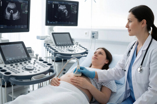Pregnant woman lies in hospital bed for medical ultrasound scan. Female doctor uses diagnostic machine to check fetus in womb. Pro obstetrician performs abdominal examination with scanner in modern