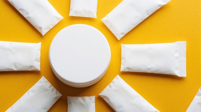 White snus pouches and a round jar arranged on a vibrant yellow background. This composition suggests packaging, product display, and modern design elements, suitable for advertising.