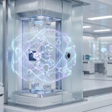 Artificial intelligence analyzing biomedical data inside a secure glass containment unit in high tech lab