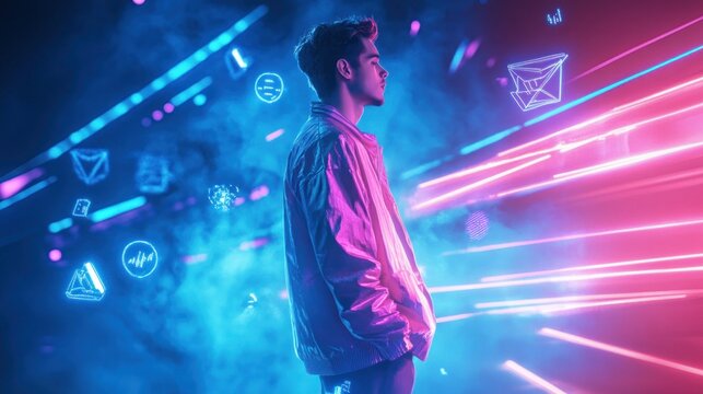 Young man in neon lighting