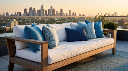 Obraz premium Outdoor wooden sofa with blue pillows sits on a rooftop terrace. City skyline views at golden hour sunset. Modern apartment exterior with comfortable seating.