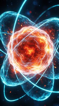 Glowing orange atomic nucleus on fission process. Blue electrons orbit around core with bright light energy. Scientific 3D render shows nuclear power, atomic reaction. High tech concept of clean