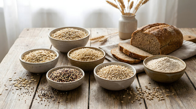 Assorted grains bread and flour arranged on a rustic wooden surface