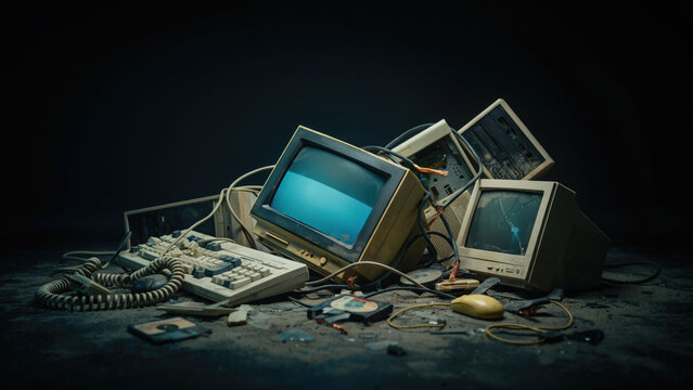 A pile of discarded vintage computer equipment and electronics on a dark floor with tangled cables lies abandoned dark surface computer monitors keyboards digital