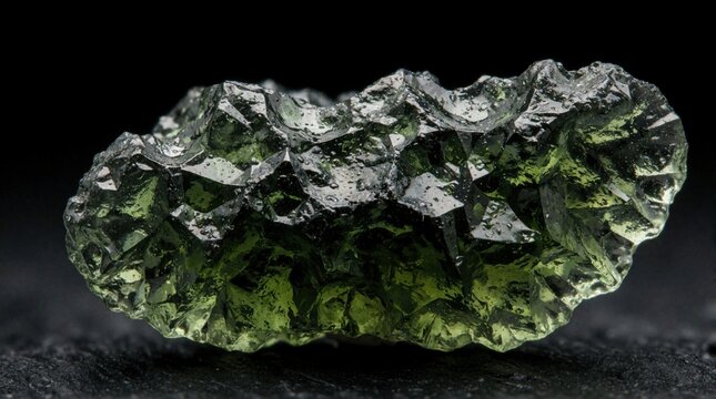 Raw green moldavite tektite on black background. Unique rough mineral specimen with textured surface. Natural gemstone for collection or jewelry.