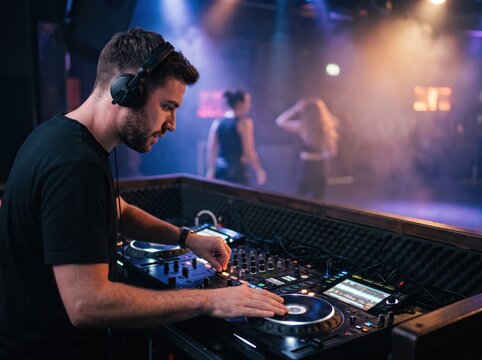 DJ at Work: A focused DJ, wearing headphones, is skillfully mixing music on a turntable at a club, illuminated by vibrant stage lights.