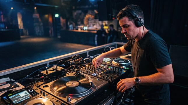 DJ at Work: A focused DJ, wearing headphones, passionately mixes music on turntables in a dimly lit club, captivating the crowd with his beats.