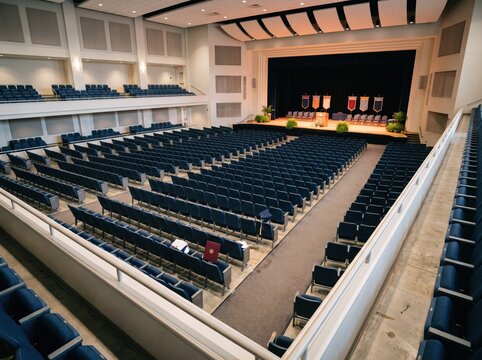 Auditorium Stage with Seating: An empty auditorium with rows of blue seats facing a grand stage set for an event, featuring a podium and banners, hinting at anticipation and potential gatherings.