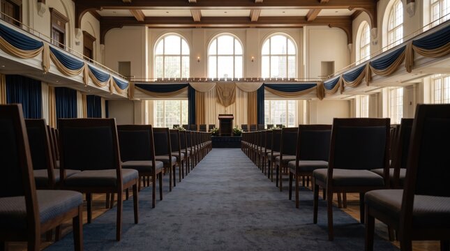 Grand Hall Meeting Room: An expansive and elegant hall set up for a formal meeting or ceremony, with rows of dark chairs facing a central dais adorned with ornate drapes and large arched windows.