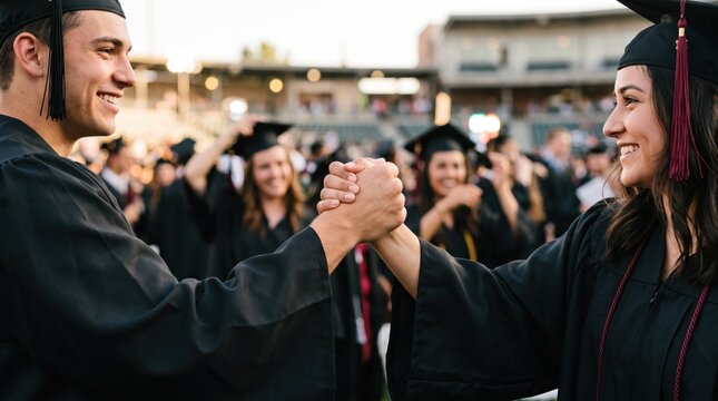 Graduation handshake celebration: Two proud graduates in academic regalia share a handshake and smile.