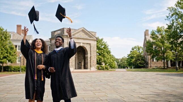 Graduation Joy Toss: Two jubilant graduates, clad in academic regalia, celebrate their monumental achievement by tossing their caps into the air on a sunny day in front of a grand university building.