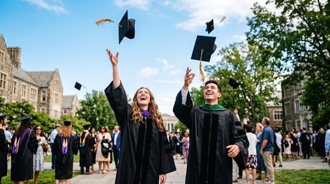 Tossing Caps of Triumph: Young graduates in academic regalia joyfully toss their caps into the air.