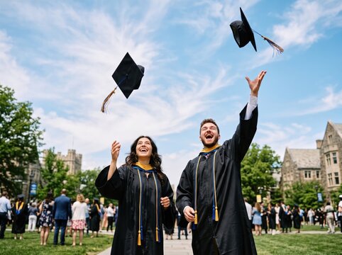 Graduation Day Triumph: Two ecstatic graduates in cap and gown toss their academic caps in the air.