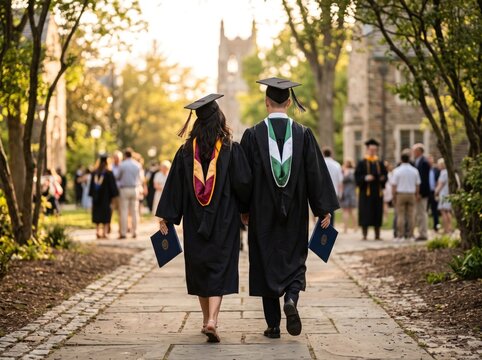 Graduation Day: Two graduates, adorned in caps and gowns, walk hand-in-hand down a sun-dappled path, holding their diplomas. This image captures the essence of achievement.